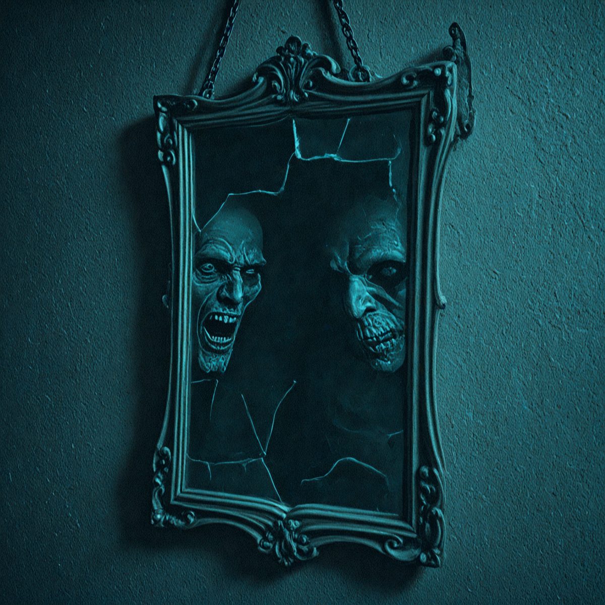 The primary subject of the image is a mirror with a reflection of two scary faces. The setting is a dark room, and the visual style appears to be a photo. The dominant colors are blue and black, creating a moody atmosphere.
